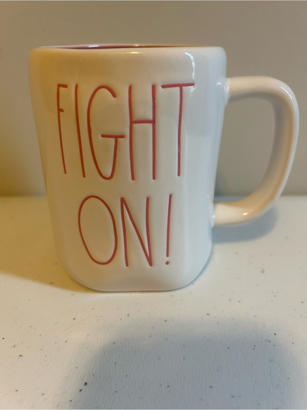 Rae Dunn Ceramic 'Fight On!' Mug with Pink Lettering and Pink interior